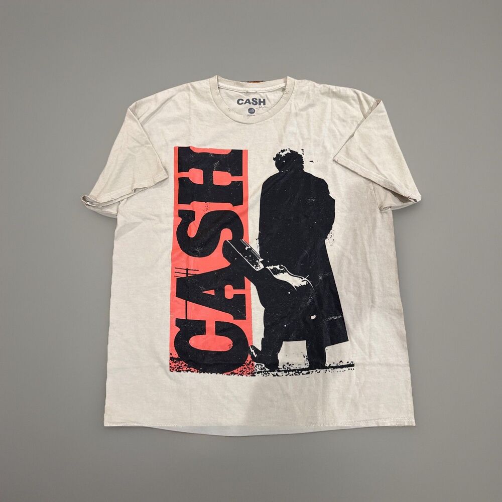 Johnny Cash Bold Silhouette Distressed Graphic T Shirt Size L/XL Beige GUC